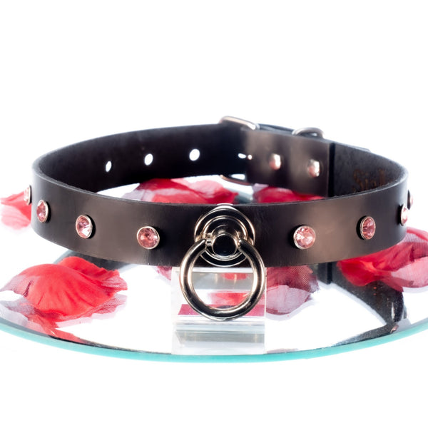 SiaLinda: Halsband Nr. 13 pink 8 Straß Kristalle und großem O-Ring 20mm, echt Leder schwarz - SiaLinda.com